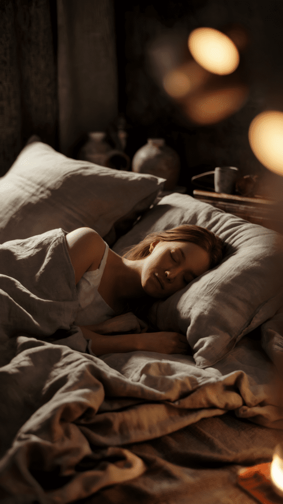 a woman sleeping peacefully in a bed