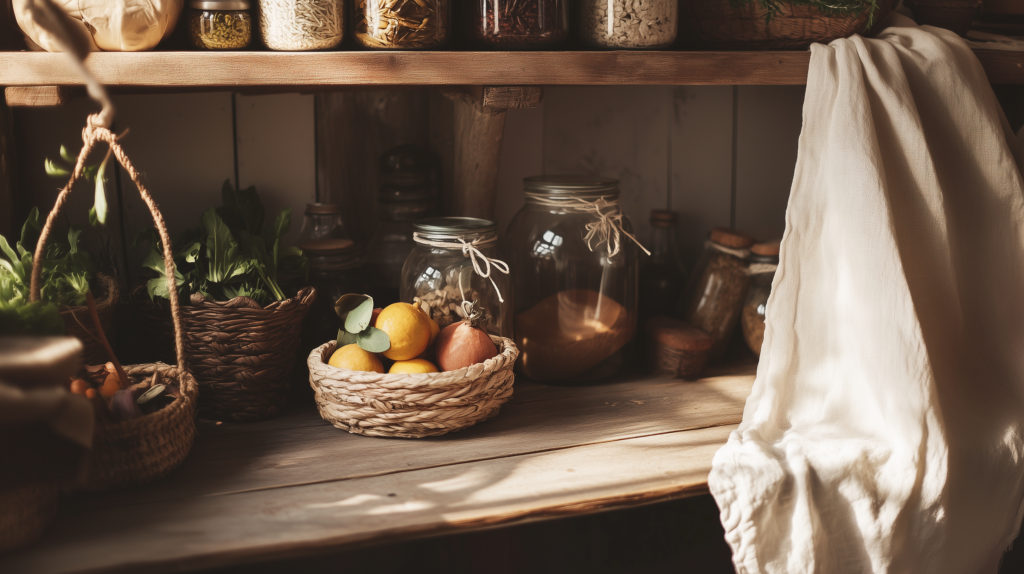 a rustic eco friendly sustainable homestead shelf with fresh fruit in a bowl and pantry staples in glass storage container jars