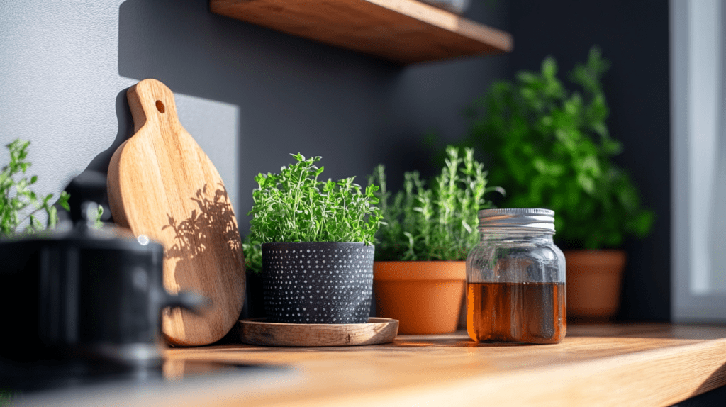 a kitchen counter with potted herbs and infused vinegar