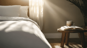 a minimalist serene bedroom with morning sunlight streaming in