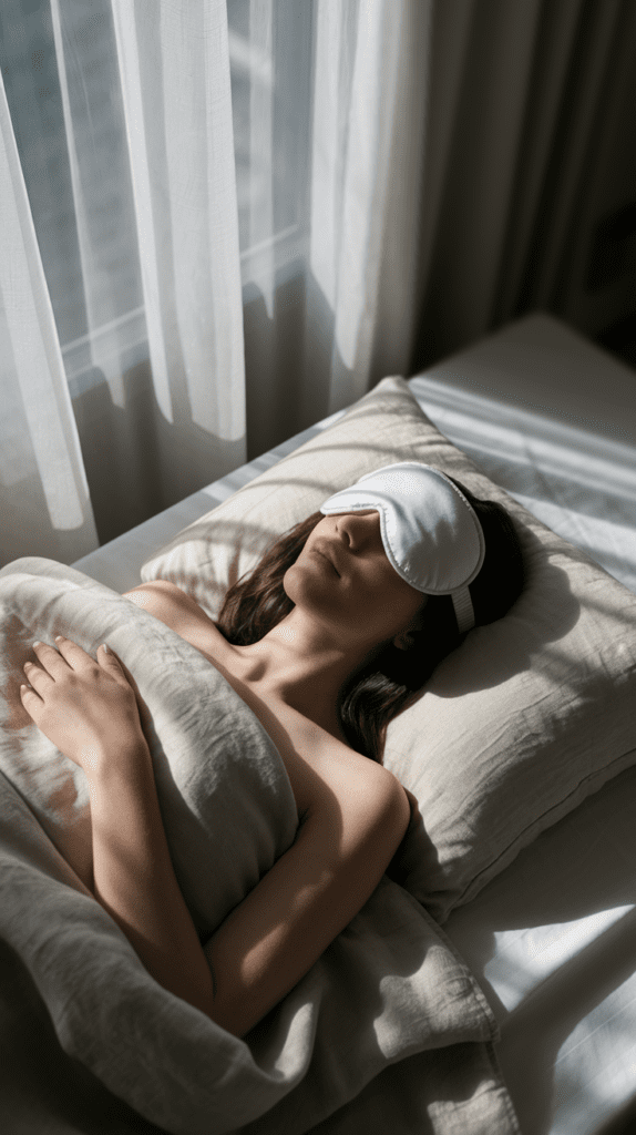 calm-morning-habits-yoga-nidra a woman lies in bed with a sleep mask on in deep relaxation next to a window with morning sunlight streaming in