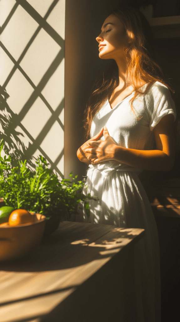 calm-morning-routine-gratitude a woman standing by a sunny window with her eyes closed in gratitude practice
