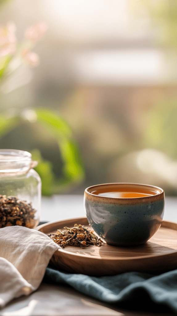 calm-morning-routine-herbal-tea a mug of herbal tea sitting next to a jar of dried herbal tea mix