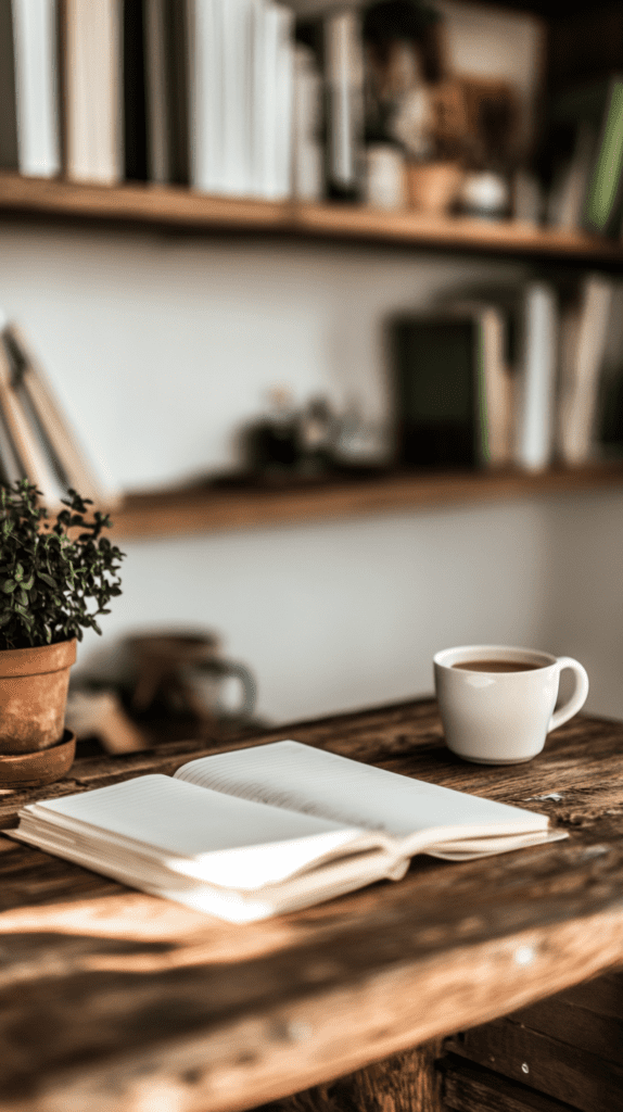 calm-morning-routine-journaling a journal and mug of tea on a rustic wooden desk in an office