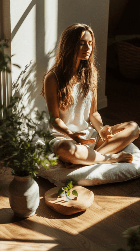 calm-morning-routine-meditation a woman sits on a cushion meditating next to a eucalyptus plant in the morning sunlight