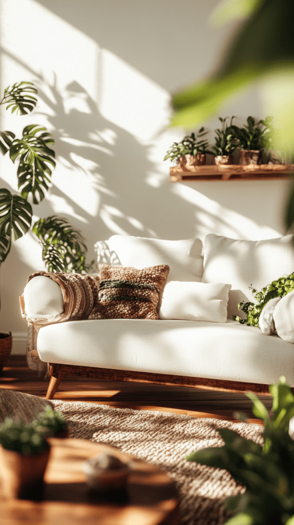 calm-morning-routine-organizing-space a sunny minimalist living room with a couch and potted plants