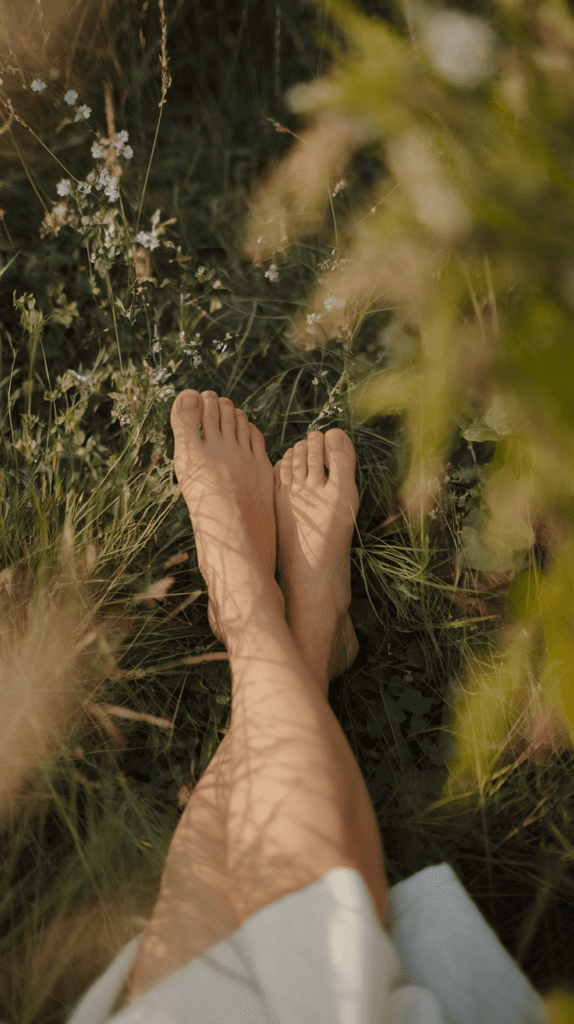 calm-nervous-system-earthing a woman's bare feet in the grass with wildflowers