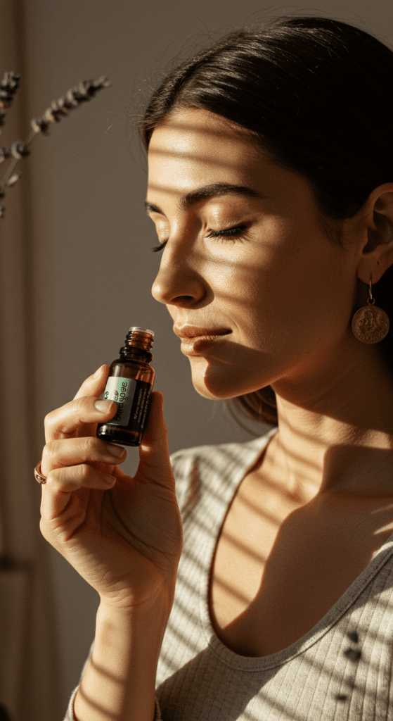 a woman smells a bottle of essential oil in the sunlight