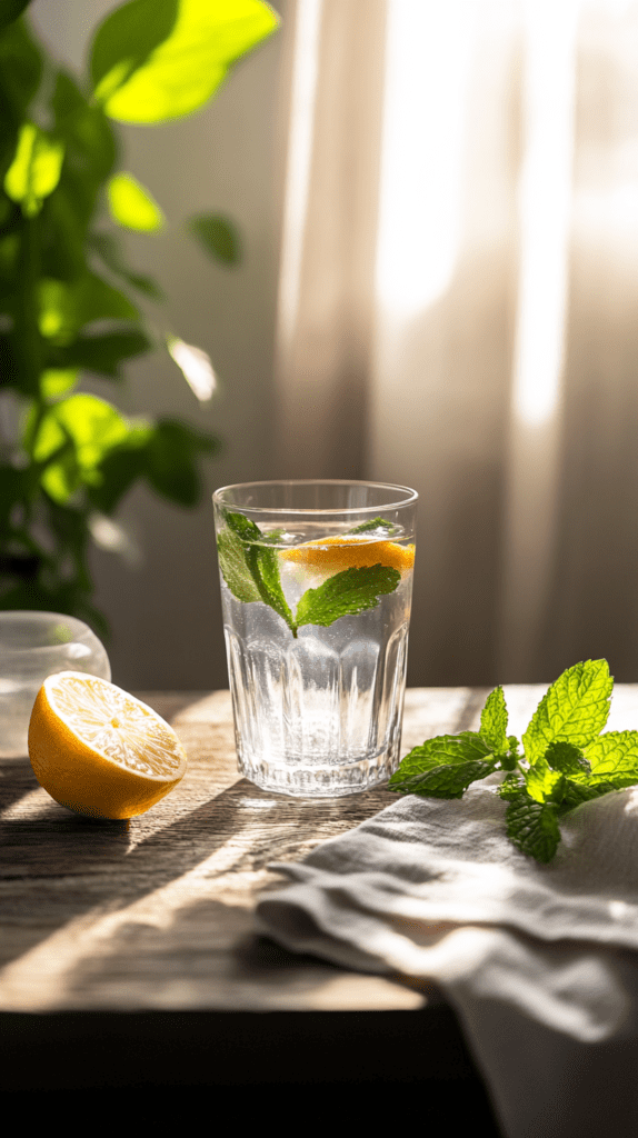 calm-nervous-system-fast-water a glass of water with lemon and mint on a kitchen counter in the sunlight