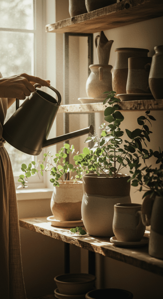 calm-nervous-system-watering-plants a woman waters a shelf of eucalyptus plants