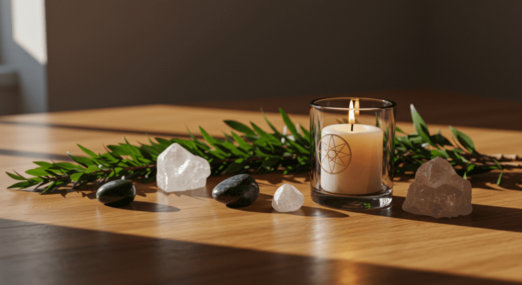 a positive money affirmation altar with crystals and candle