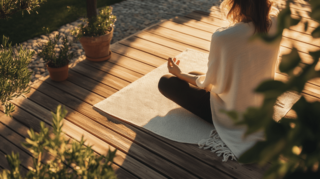 a woman sits in meditation on a blanket on a porch in the sunshine