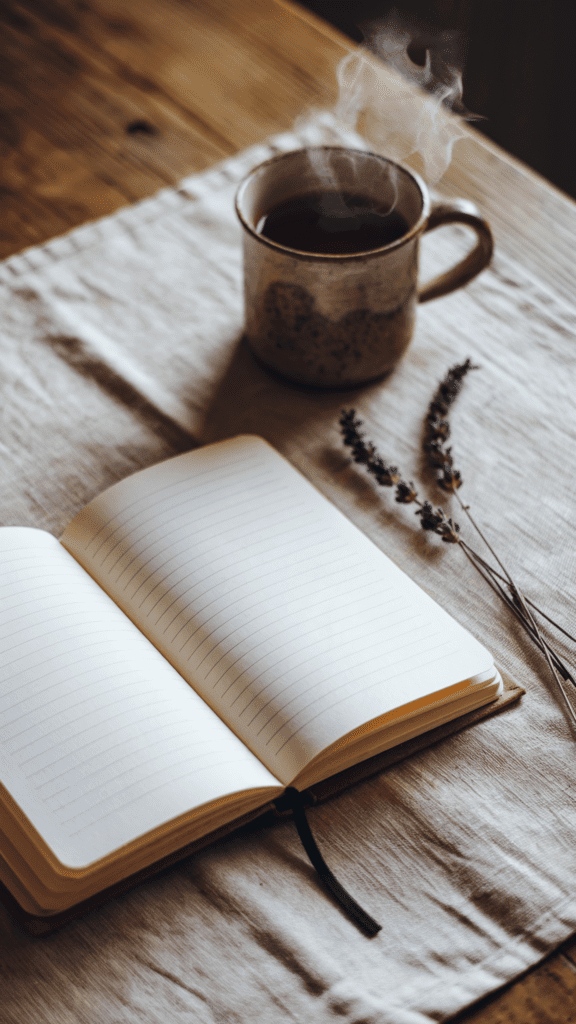 daily-reset-habits-journal a blank journal lays open next to a mug of steaming herbal tea