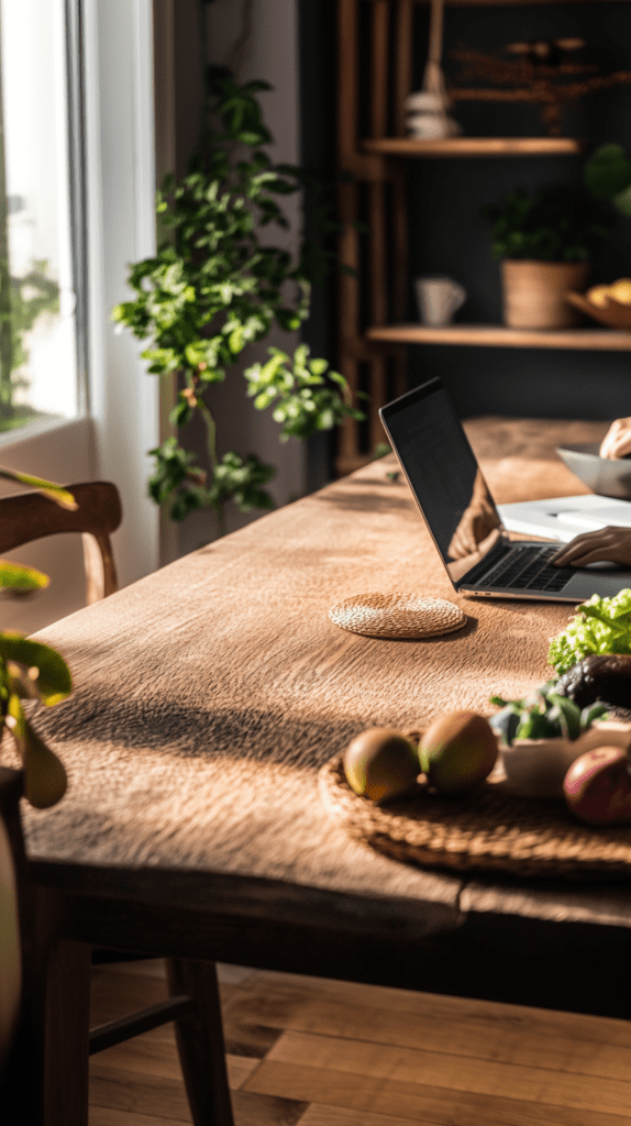 a beautiful rustic kitchen table with a laptop open in the sunshine
