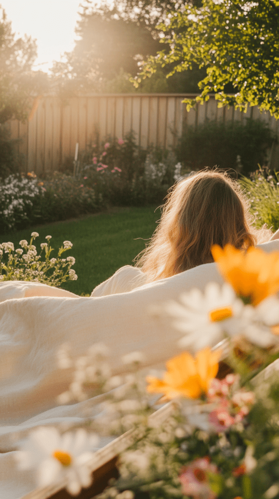 heal-money-mindset-woman-garden a woman sits in a beautiful backyard garden in the morning sunlight.