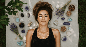 a woman lies on a linen blanket surrounded by crystals and herbs eyes closed meditating