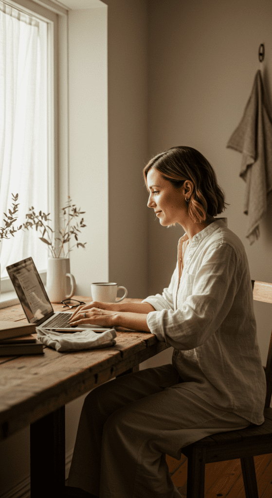 a woman works on a laptop at a rustic desk in a linen dress