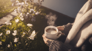 a woman holds a cup of herbal tea in the morning sunlight next to floral blooms