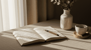 an open journal on a table in the morning sunlight next to eucalyptus vase