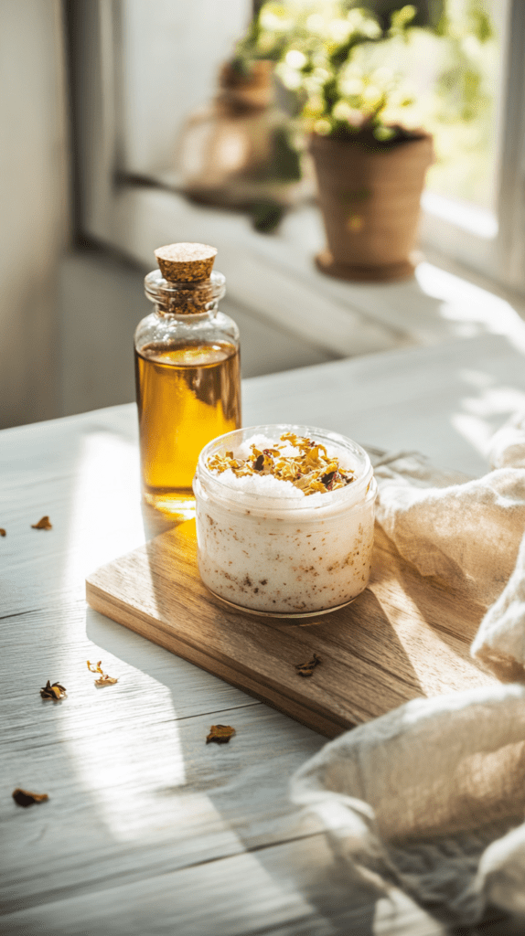a jar of homemade facial scrub on a counter next to jojoba oil
