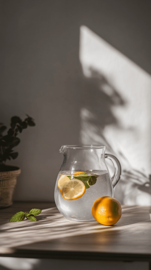 a pitcher of infused water with lemon and mint on a sunny kitchen counter