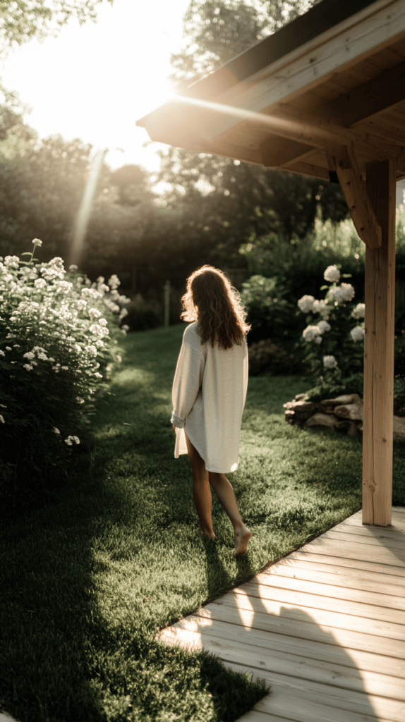 a woman standing barefoot in the soft grass with the morning sunlight