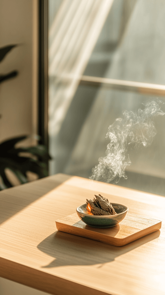 a bundle of sage burning in a ceramic bowl on a sunny counter
