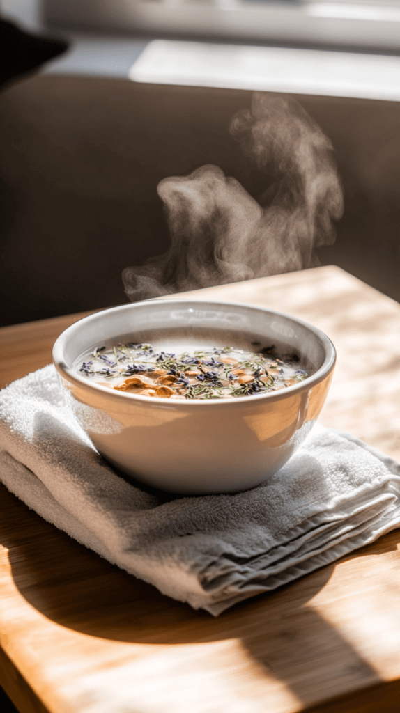 a bowl of lavender and chamomile flowers in steaming hot water