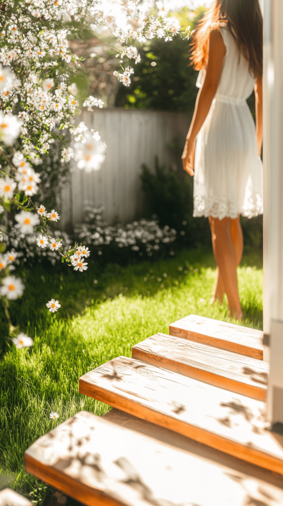 morning-ritual-sunlight-eyes a woman stands with barefeet on the grass in the sun