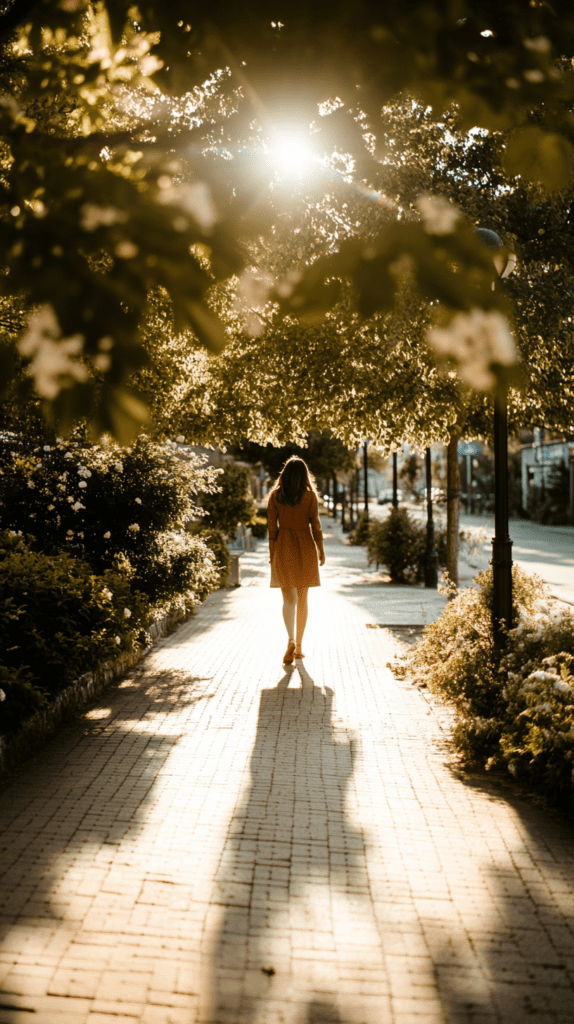 a woman walks along a tree lined street in the morning sunlight
