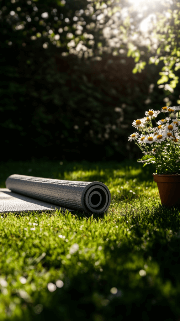 a yoga mat in a sunny backyard grass with a potted flowerpot of daisies nearby