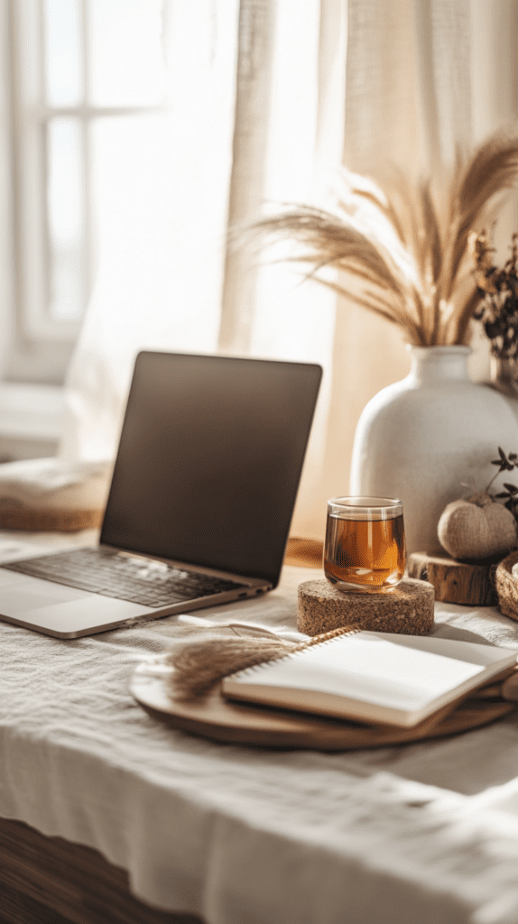 a serene workspace with a laptop, journal and dried flowers on a linen tablecloth