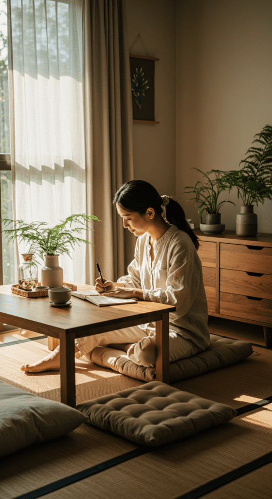 a woman works at a coffee table sitting on floor pillows