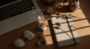 a workspace with a laptop, crystals and journal in the sunlight