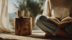 Cozy reading spot with a person in jeans and sweater holding a book, mug on a wooden stump beside them.