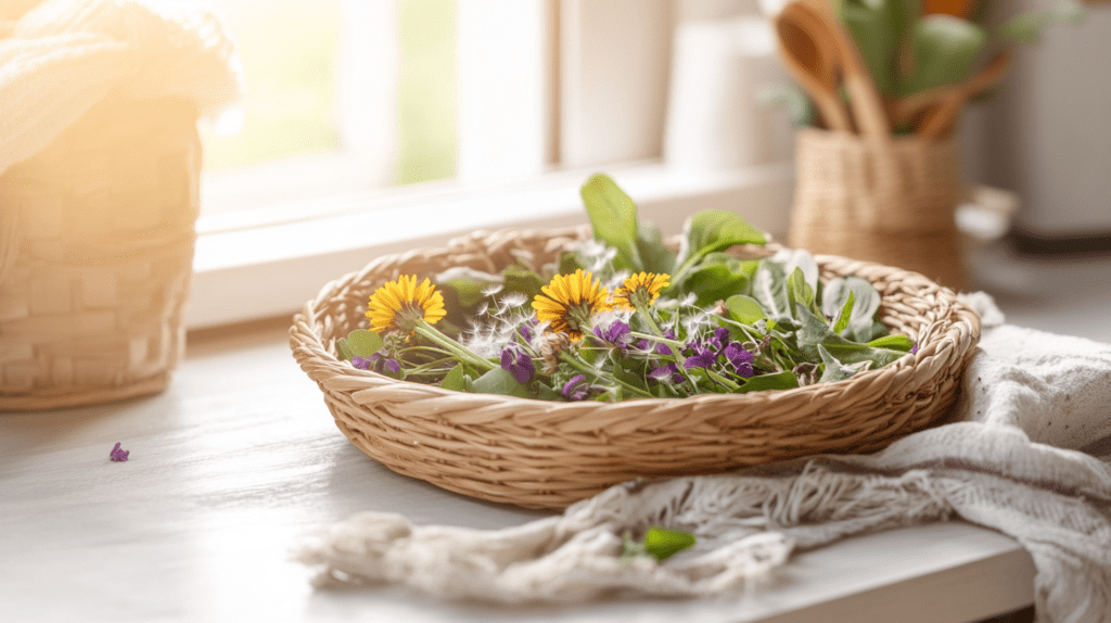 a woven basket of freshly foraged wild edible plants