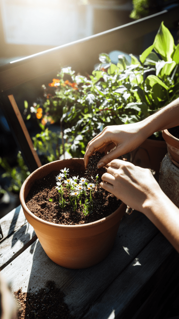 wildflower-balcony-garden-planting-seeds a pair of hands plants wildflowers in a terra cotta pot on a sunny apartment balcony