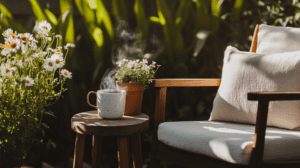 an apartment balcony with wildflowers in planters, a linen covered chair and mug of steaming tea on a wooden stool