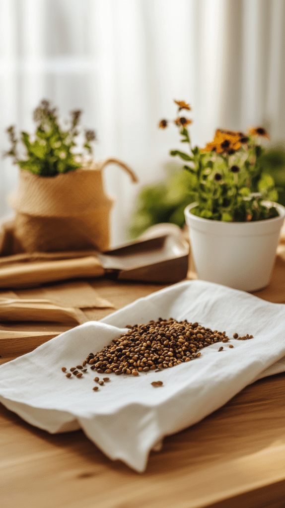 wildflower-garden-native-seeds wildflower seeds on a linen napkin on a kitchen counter next to wildflowers in pots in the sun