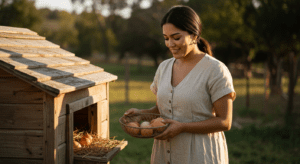 a woman holds a basket of eggs she collected from her chicken coop in the warm sunshing