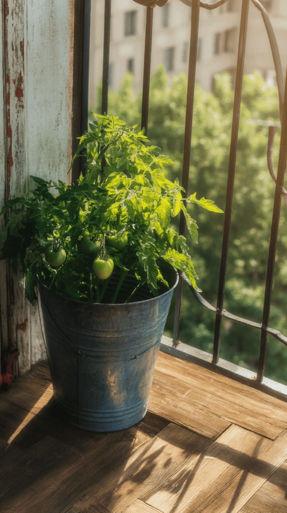 a 5 gallon metal bucket turned into a planter on an apartment balcony
