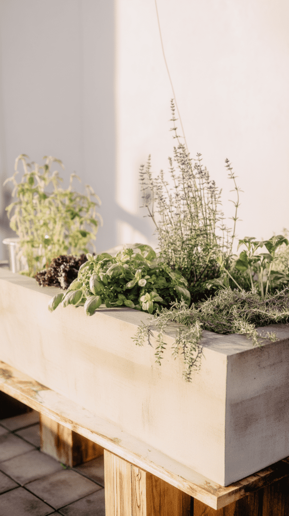 a raised garden bed made with concrete blocks on an apartment balcony