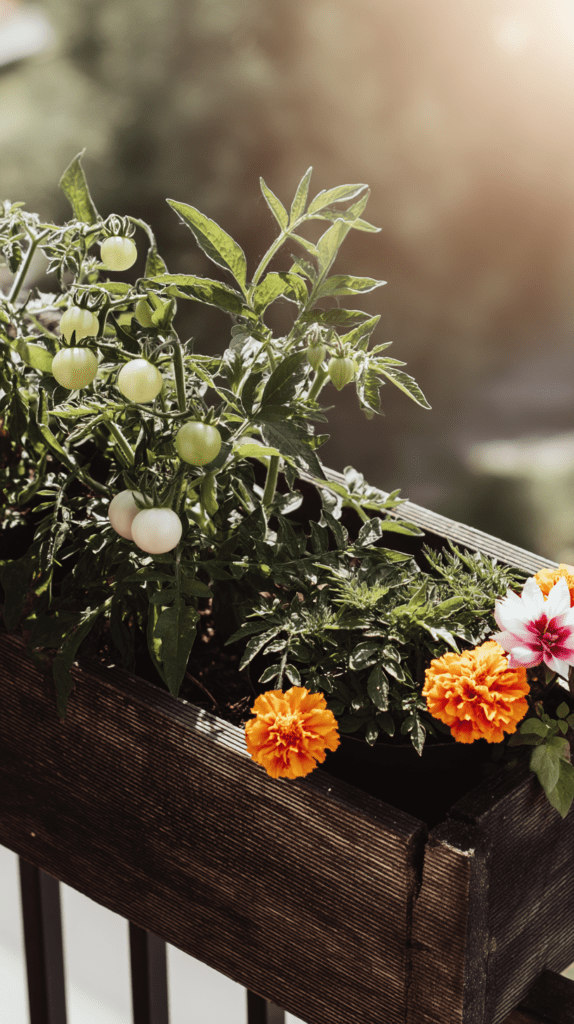 a planter box with tomato plant and marigolds