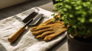 a pair of gloves, garden trowel and potted plant on a linen napkin