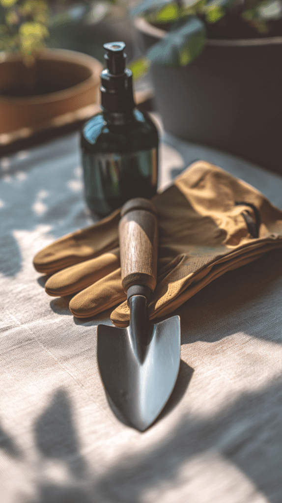 a pair of garden gloves, trowel and spray bottle