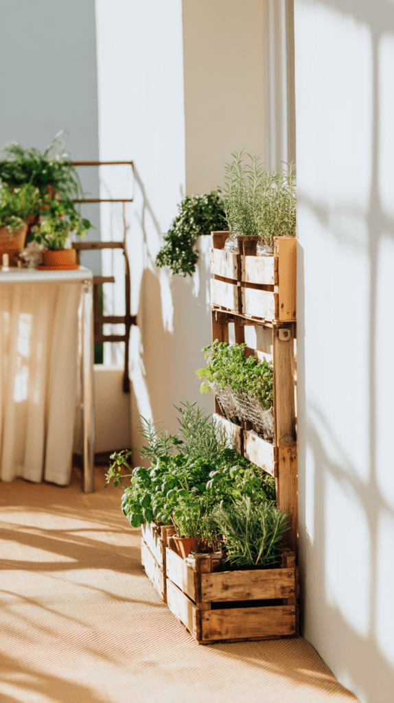 a vertical garden made of wood on an apartment balcony

