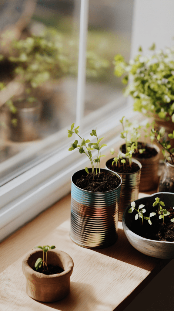 recycled tin can planters on a sunny windowsill