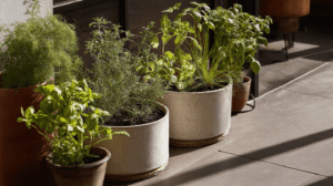 a container garden on a sunny apartment balcony