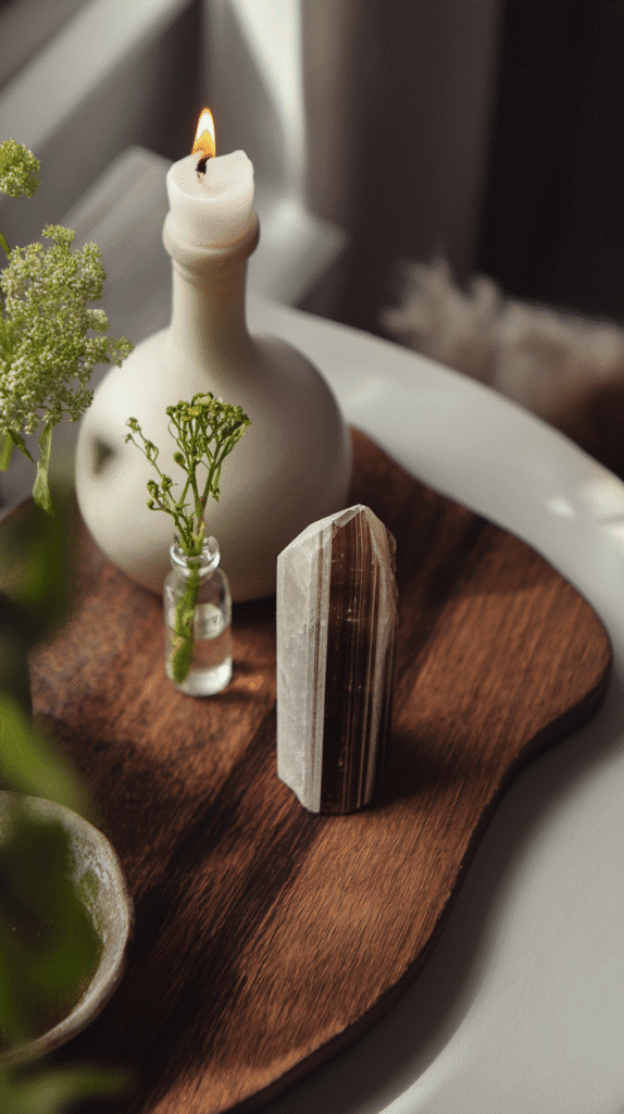 digital-detox-altar a grounding altar with candle, smokey quartz and plants