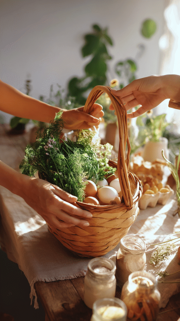 a basket of eggs and herbs being passed between two people over a rustic kitchen table

